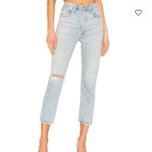AGOLDE Riley Light Wash Distressed High Rise Straight Cropped Jeans